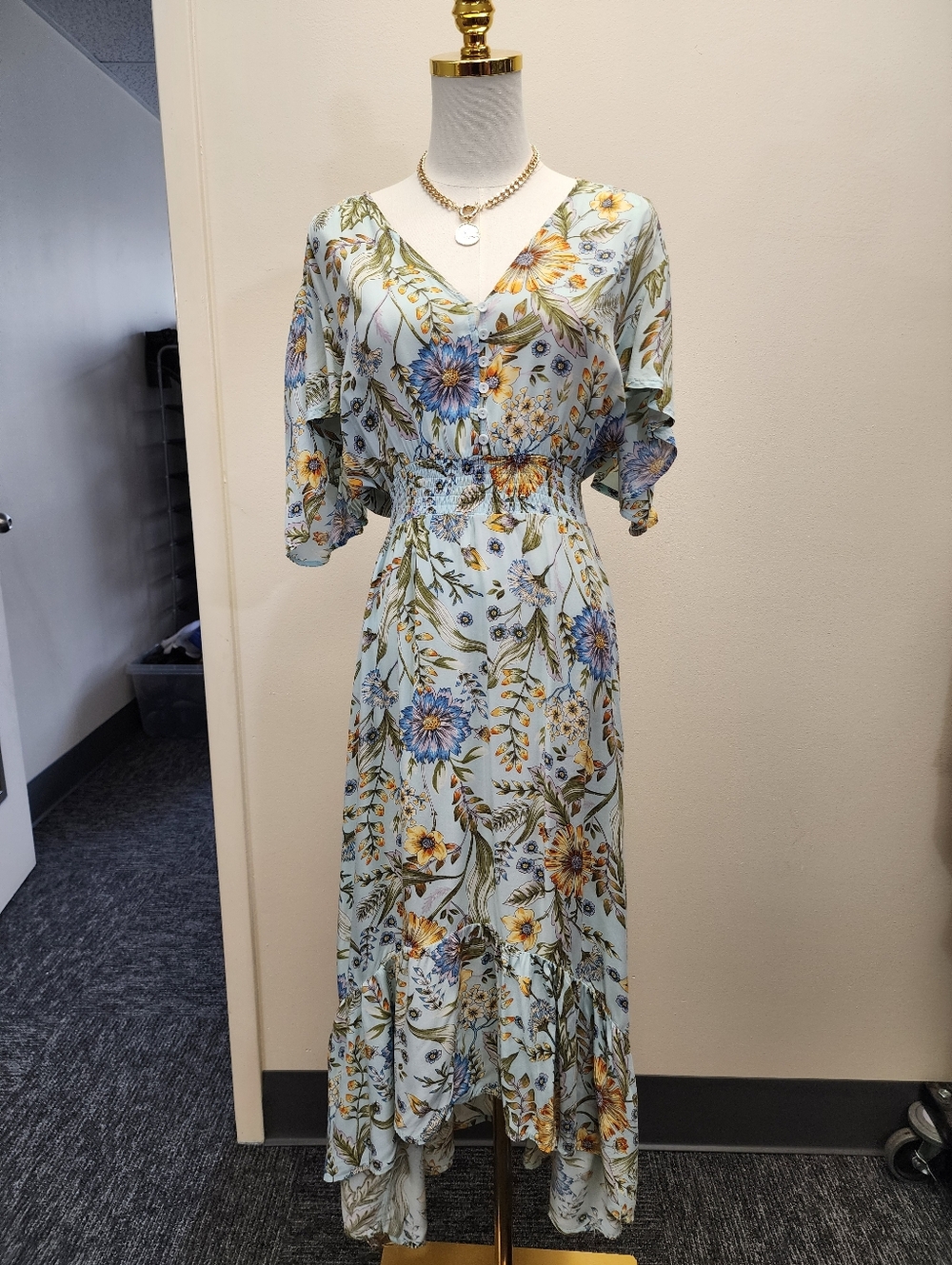 Abel The Label Blue Floral Maxi Dress V Neck Smocked Waist Size XS